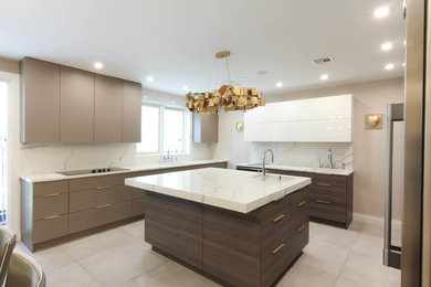 Large contemporary u-shaped eat-in kitchen in New York with an undermount sink, flat-panel cabinets, brown cabinets, quartzite benchtops, white splashback, stone slab splashback, stainless steel appliances, ceramic floors, with island, grey floor and yellow benchtop.
