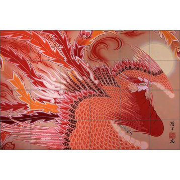 Ceramic Tile Mural Backsplash, Red Peacock by Zigen Tanabe, 36"x24"