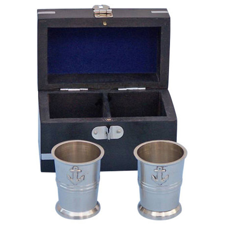 Brushed Nickel Anchor Shot Glasses With Rosewood Box 4'', Set of 2