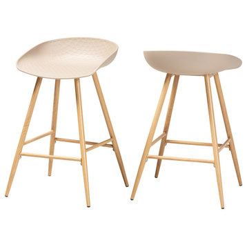Forcette Beige Plastic and Wood 2-Piece Counter Stool Set