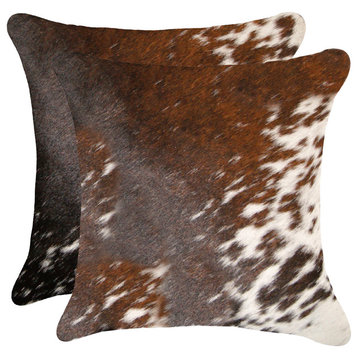 18"x18" Torino Kobe Cowhide Pillows, Set of 2, Salt and Pepper/Brown and White