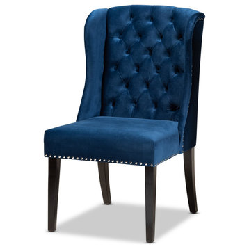 Transitional Dining Chair, Velvet Seat & High Wingback With Button Tufting, Navy