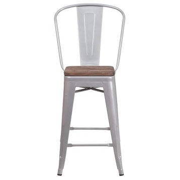 Flash Furniture 24" Metal Counter Stool in Silver and Wood Grain