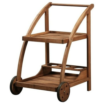 Linon Catalan Outdoor Wood Serving Trolley 2 Levels with Wheels in Acorn Brown