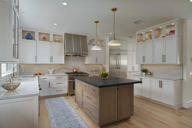 Mid-sized beach style l-shaped open concept kitchen photo in San Diego with quartzite countertops and an island