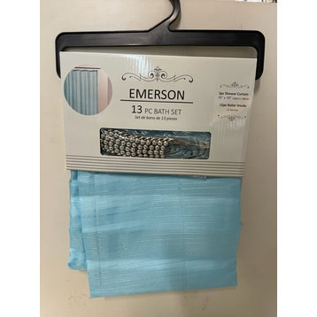 Emerson Canvas Fabric Shower Curtain and 12 Roller Shower Rings, Aqua