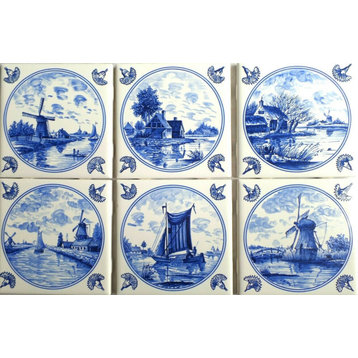 Delft Kiln Fired Ceramic Tiles Blue Wind Mill Ships Dutch Houses, 6-Piece Set