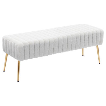 Channel Quilted Faux Fur Bedroom Bench, White