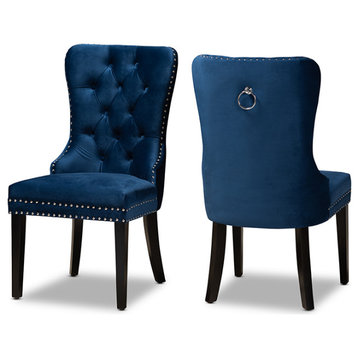 Remy Modern Navy Blue Velvet Fabric Espresso Wood Dining Chair, Set of 2