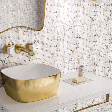 Midcentury Modern Bathroom With Marble and Brass Waterjet Tile Backsplash