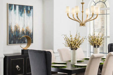 Mid-sized transitional dark wood floor, black floor and tray ceiling dining room photo in Orlando with white walls