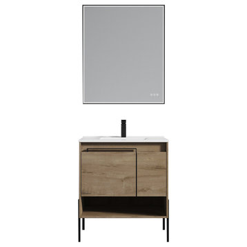 Freestanding Bathroom Vanity Set, Open Shelf, Classic Oak, 30'' With Ceramic Sink