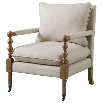 Traditional Accent Chair, Wooden Frame With Linen Padded Seat & Casters, Beige