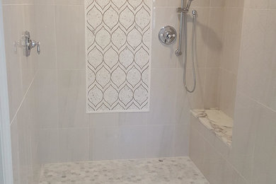 Photo of a mid-sized traditional master bathroom in Raleigh with a curbless shower, white tile, marble, grey walls, marble floors, grey floor and an open shower.