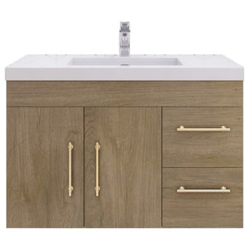 Rosa 36" Wall Mounted Vanity with Reinforced Acrylic Sink (Right Side Drawers), White Oak
