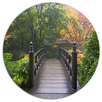 Wood Bridge At Japanese Garden In Fall, Bridge Disc Metal Wall Art, 23"