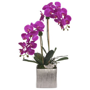 Real Touch Purple Orchids and Geodes Arrangement, Silver Ceramic Pot