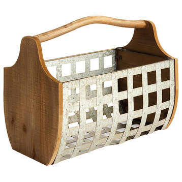 Rustic Farmhouse Galvanized Metal Straps Wood Tote Basket Trug Storage Handle