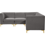 Meridian Furniture - Alina Velvet Modular L-Shaped Modular Sectional, Grey, 5-Piece: 2 Armless Chair, 3 Corner Chair - Bring modern beauty to your space with the addition of this Alina Velvet Modular sectional. This beautiful sectional features deep channel tufting to ramp up its visual interest and add to its resilient demeanor. Its soft grey velvet upholstery blends nicely with existing elements in your room and is sleek to the touch, making this seat a super comfortable one. Part of the modular Alina collection, this sectional has a latch that attaches it to other pieces to create your custom seating arrangement.