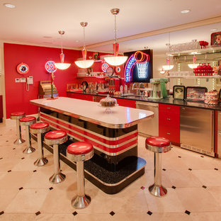 Photo of an eclectic fully buried basement in Other with red walls, no fireplace, travertine flooring and multi-coloured floors.