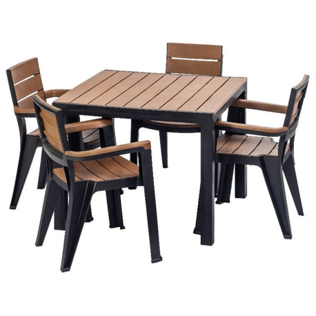 Inval Madeira 4-Seat Patio Dining Table and Armchair Set in Black/Teak Brown