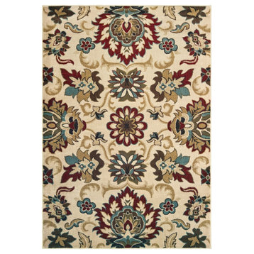 7'X9' Ivory And Red Floral Vines Area Rug