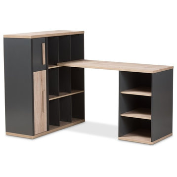 Modern Dark Gray and Light Brown 2-Tone Study Desk With Built-in Shelving Unit