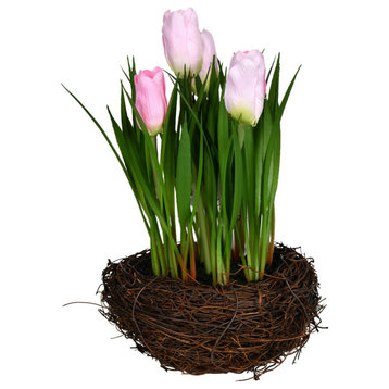 Vickerman 9" Pink Tulips in Bird Nest, Pack of 2