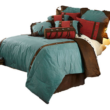 Cheyenne Western Lodge Faux Tooled Leather Comforter Set, 7PC, Turquoise, Super King