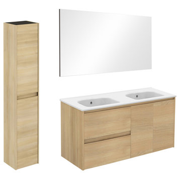 Ambra 120 Double Complete Vanity Unit With Column and Mirror, Nordic Oak