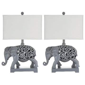 Set of 2 Unique Table Lamp, Light Grey Elephant Sculpture Body With Fabric Shade