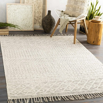 Transitional Area Rug, Handmade Design With Tassels, Charcoal-Peach/9' X 12'