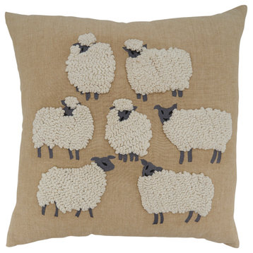 Down-Filled Throw Pillow With Embroidered Sheep Design, 18"x18", Natural