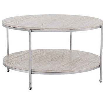 Round Coffee Table, Chrome Finished Frame With Faux Stone Top & Bottom Shelf