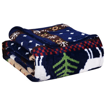 Christmas Deer Flannel Fleece Blanket, Blue Christmas Deer, Twin