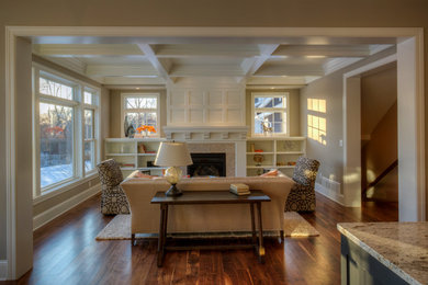 Inspiration for a timeless open concept living room remodel in Minneapolis with gray walls, a standard fireplace, a tile fireplace and no tv