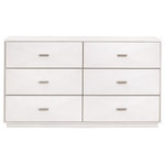 Essentials For Living - Wynn Shagreen 6-Drawer Double Dresser - The Wynn Shagreen Double Dresser by Essentials for Living is a transitional piece that will suit many interior designs. It is constructed with a pearl white faux shagreen resin made to resemble real stingray skin. The textured shagreen is subtly accentuated by a 3-dimensional design on the front of the drawers, which adds depth and dimension to the dresser. It measures 64" wide, 20" deep, and 36" high, and contains six large felt-lined storage drawers. The drawers are accented by a thin, brushed stainless-steel frame, which ties in nicely with the rectangular brushed steel handles. The neutral and light colors of this dresser are sure to enhance any bedroom and create an airy and clean aesthetic.