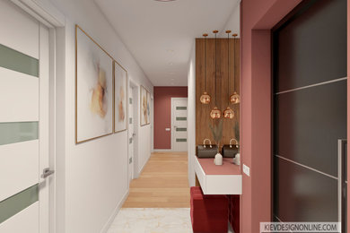 Hallway - mid-sized contemporary medium tone wood floor and brown floor hallway idea in Other with red walls