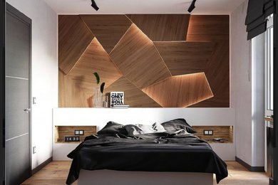 Проект минималистичной спальни с деревянными панелями