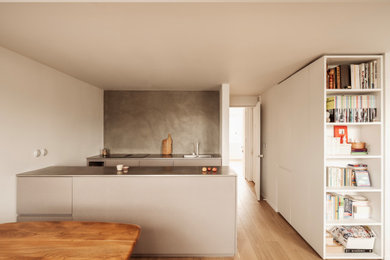 Design ideas for a small modern grey and white galley open plan kitchen in London with an integrated sink, flat-panel cabinets, stainless steel worktops, integrated appliances, laminate floors and an island.