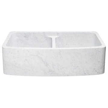 36" Farmhouse Sink, Double Bowl, Curved Front, Reversible, Carrara Marble