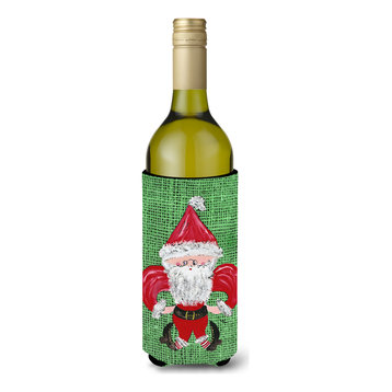 Christmas Santa Fleur de lis on Faux Burlap Wine Bottle Beverage Insulator Beve
