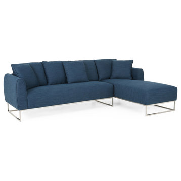 Harley Sectional Sofa With Chaise Lounge, Navy Blue, Silver
