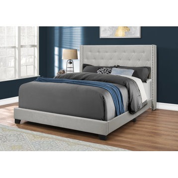 Contemporary Queen Size Bed - Light Grey Velvet with Chrome Trim