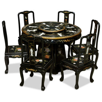 Black Lacquer Mother of Pearl Round Oriental Dining Set with 6 Chairs