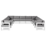 Meridian Furniture - Nizuc Water Resistant Patio U-Shaped Modular Sectional, Gray, 11-Piece: 7 Armless Chair, 4 Corner Chair, White Aluminum Frame - Pick and choose your favorites from the Nizuc collection to create a modular seating group the whole gang will enjoy. The sturdy aluminum frame provides dependable support for friends and family as they relax and unwind, and the resilient grey water resistant fabric stands up to the elements without losing its beautiful demeanor, so you can count on it lasting for the long haul. Latches beneath these seating pieces help you easily attach them to one another for convenient setup.