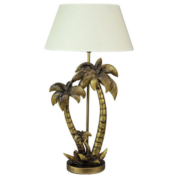 Antique Gold Finish Double Palm Tree Resin End Table Lamp With Shade Nightstand