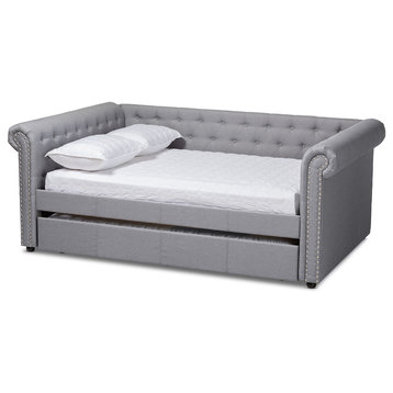 Janelle Contemporary Fabric Upholstered Daybed With Trundle, Gray, Queen