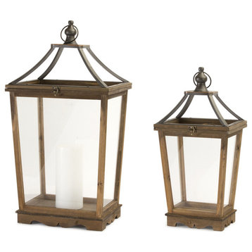 Lantern, 2-Piece Set, 24"H & 30.5"H Wood/Glass