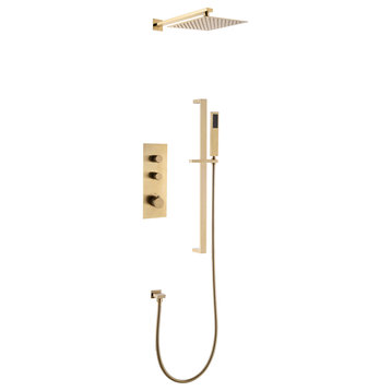 Thermostatic Rain Shower System with Hand Shower-Includes Rough-in Valve, Brushed Gold